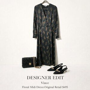 Vince Black Floral Long Sleeve Midi Dress XS Elegant V-Neck Casual Chic